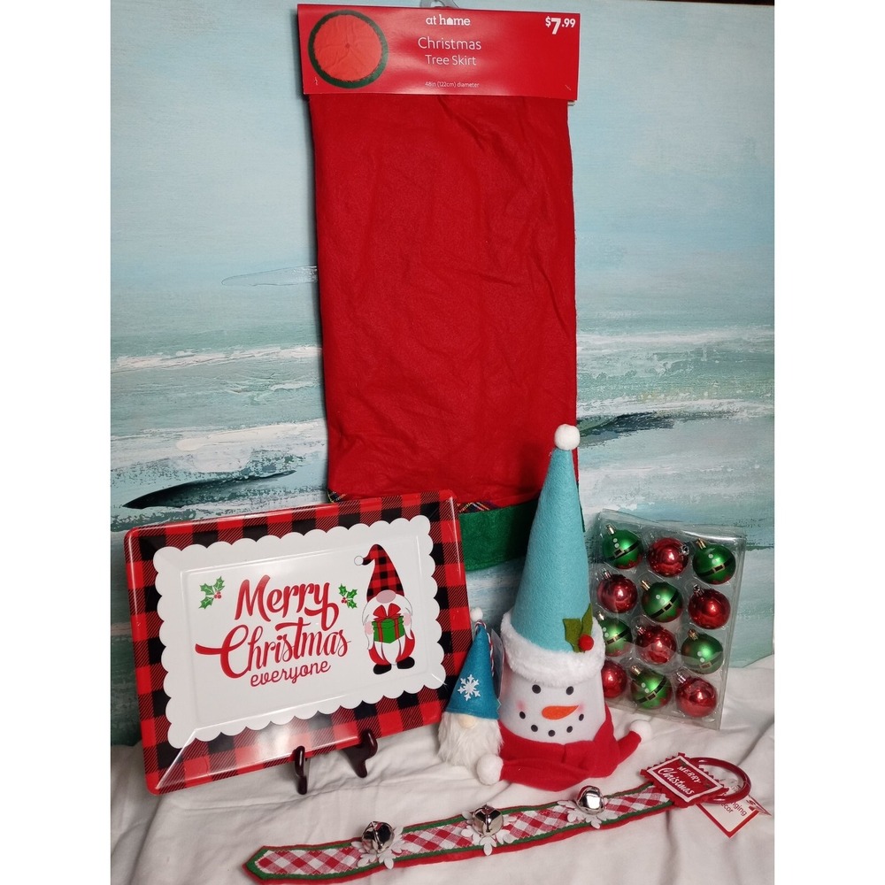Christmas Ornament Lot With Tree Skirt Gnome Serving‎ Tray Snowman Tree Topper